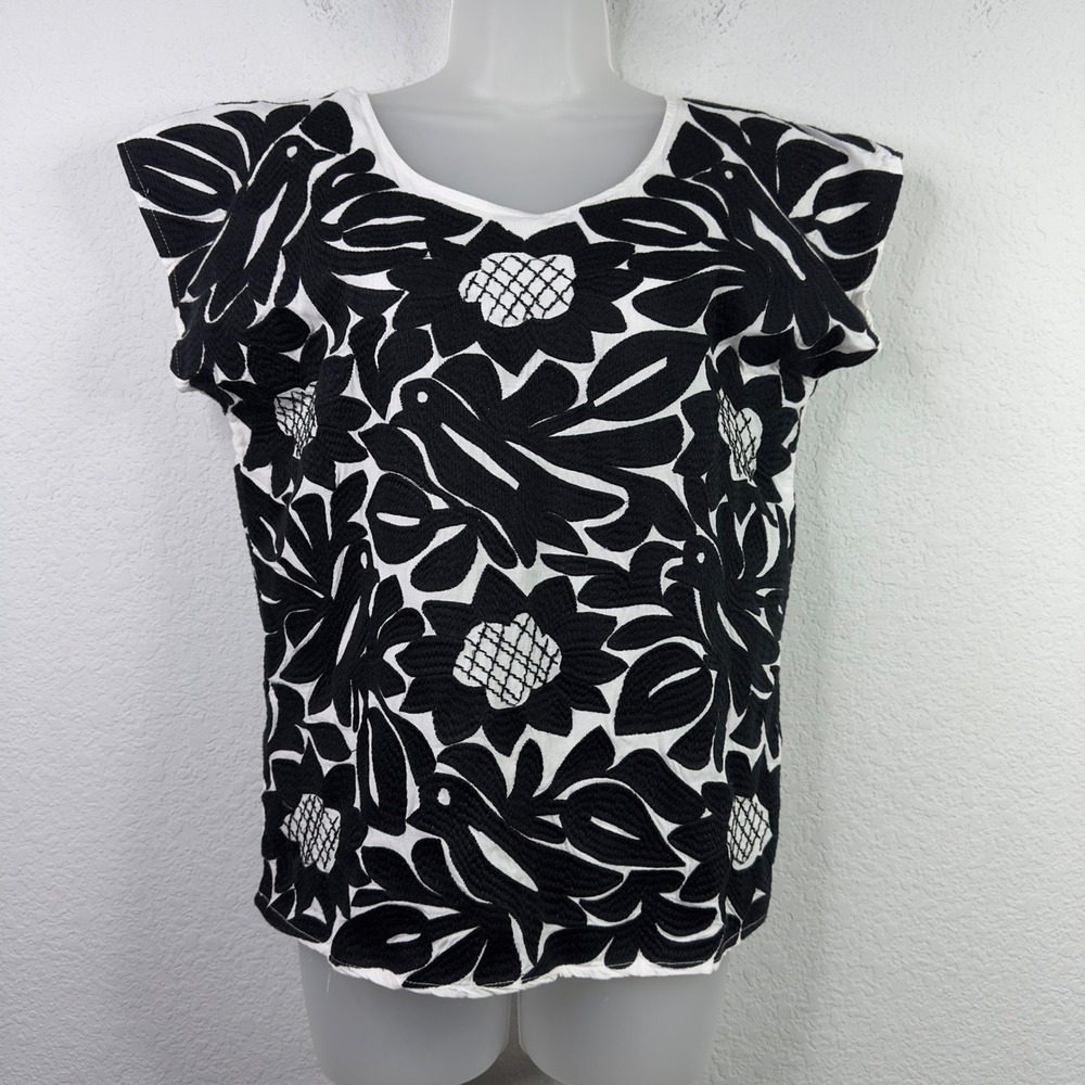 J. Marie Shirt Womens S Black White Embroidered Boho Dark Romantic Artsy Coastal